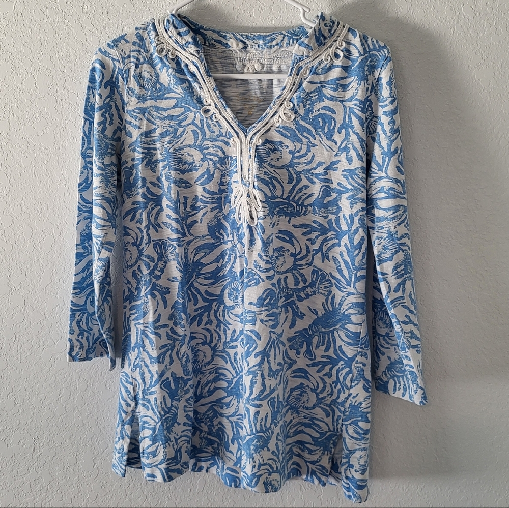 Lilly Pulitzer Kaia Knit Tunic top in Aque Mermaid.